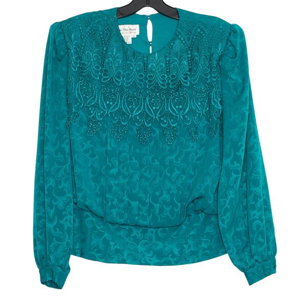 Womens Vintage Top Victorian Romantic Elegant Feminine Dark Secretary Teal 14 GP - Picture 1 of 4